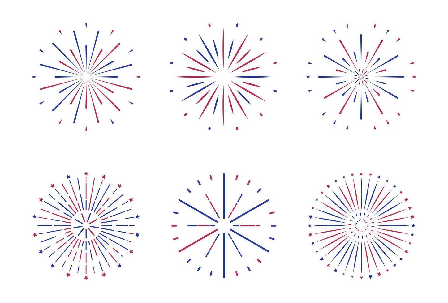 Fireworks Fourth of July. Set of explosion with a red and blue stars and sparks . United states of america independence day decoration. Simple flat style element. vector