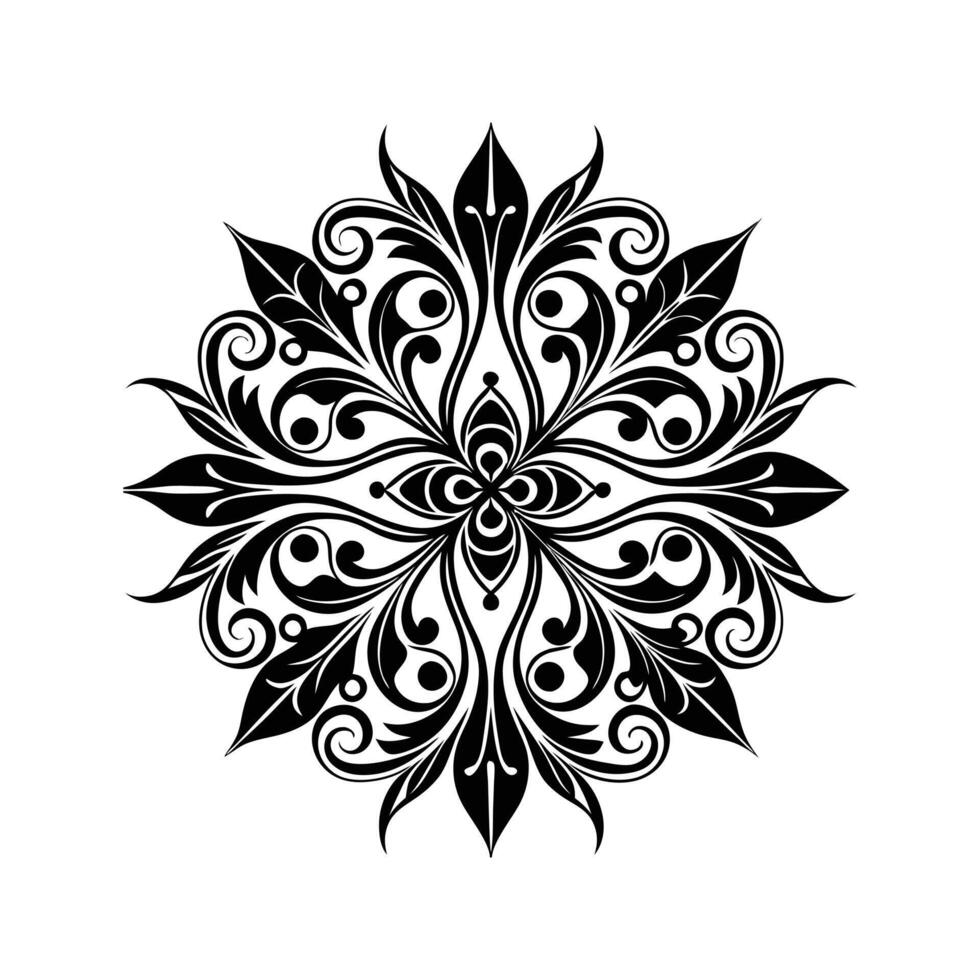 Black and White Floral Mandala Illustration Circular Design Element Isolated White Background Intricate Swirls Leaves vector