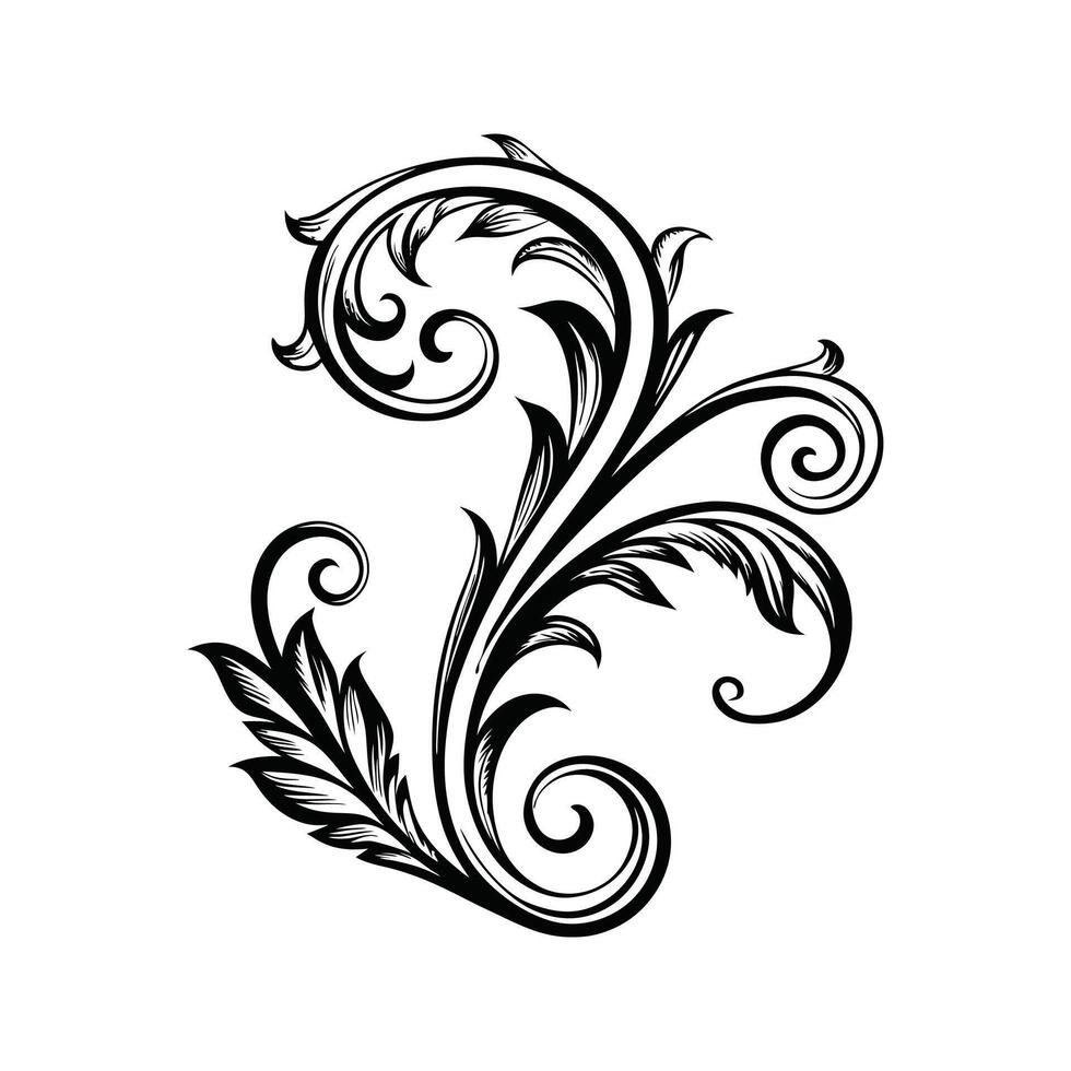 Black and White Floral Curl Swirl Silhouette Design Element Isolated on White Background Intricate Hand Drawn Style vector