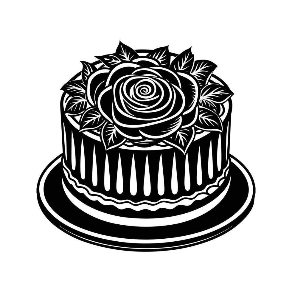 Black and White Silhouette of Round Cake Topped with Intricate Rose and Leaves on Plate floral vector