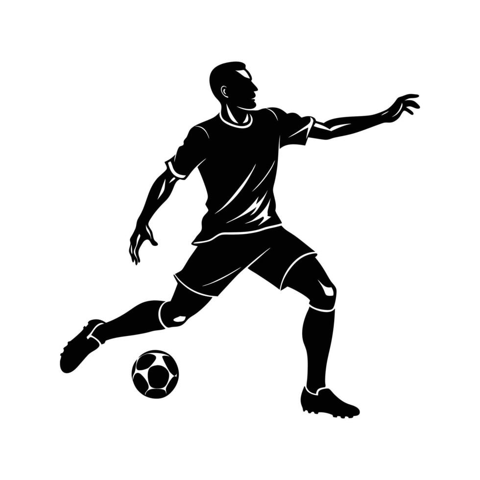 Black Silhouette Soccer Player Passing Football Dynamic Action Pose Isolated White Background vector