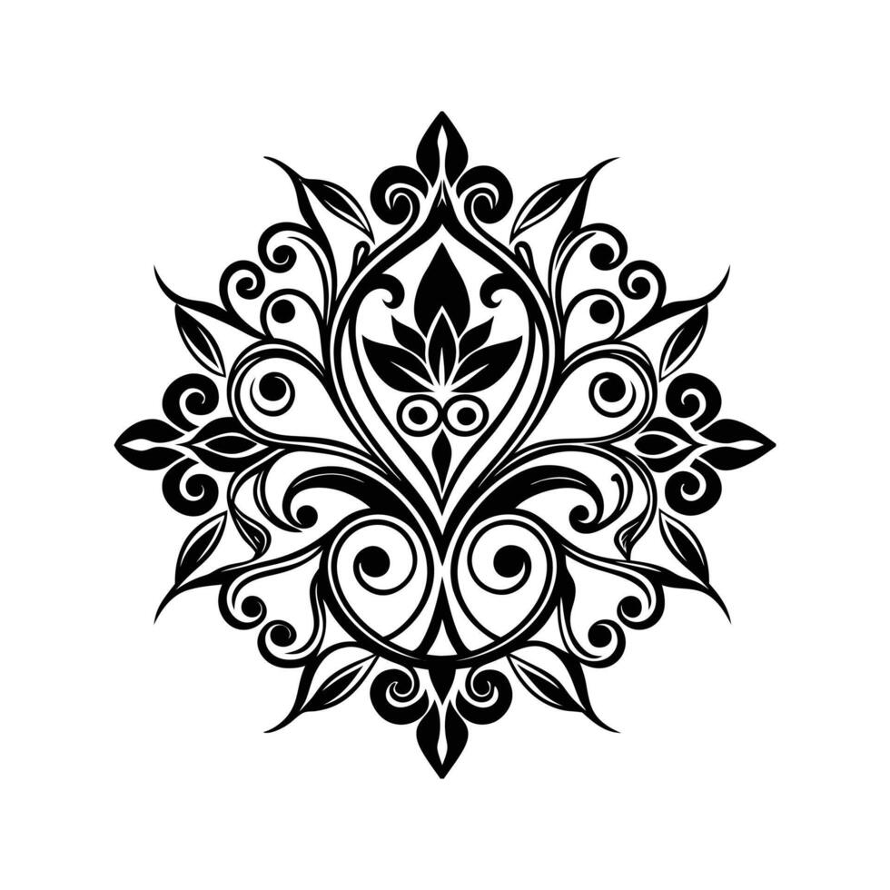 Black and White Floral Ornament Illustration Isolated White Background Intricate Swirls Leaves Design Element vector