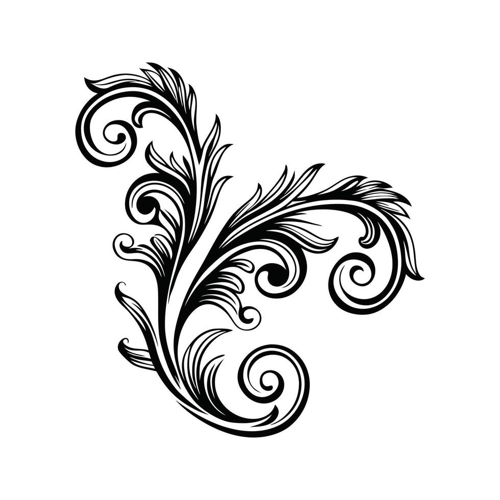 Black and White Floral Decorative Element Silhouette Swirls Leaves Isolated White Background vector