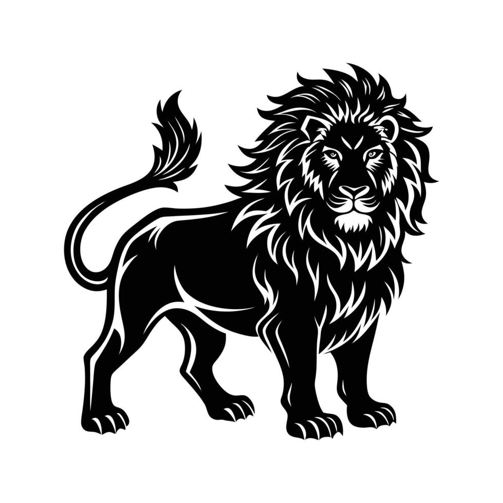 Black and White Fierce Lion Silhouette Detailed Mane Standing Isolated White Background vector