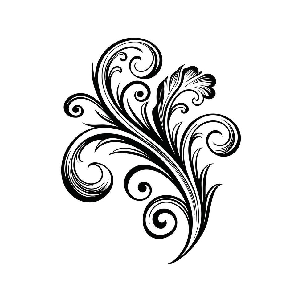 Black and White Floral Ornamental Flourish Silhouette Swirls and Curls Isolated on White Background Graphic Design Element vector
