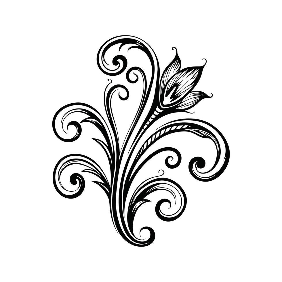 Black and White Floral Swirl Embellishment Hand Drawn Style Isolated Flower Design Element vector