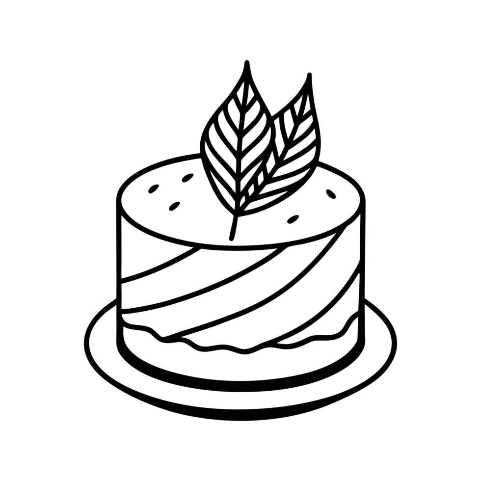 Black and White Silhouette Festive Cake with Holly Leaves on Plate Isolated on White Background monochrome vector