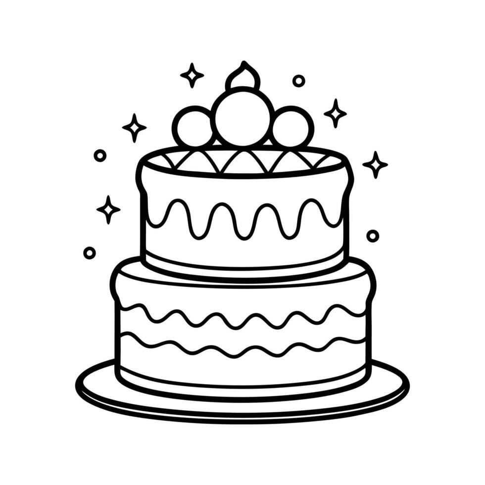 Two Tiered Festive Cake Black Line Art Illustration Starry Accents Leaf Topping White Background two-tiered cake vector