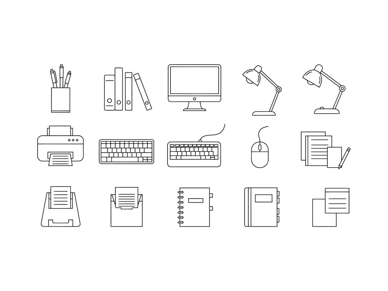Black and White Line Art Icons Set Office Supplies Computer Printer Keyboard Mouse Notebooks Pens Desk Lamp vector