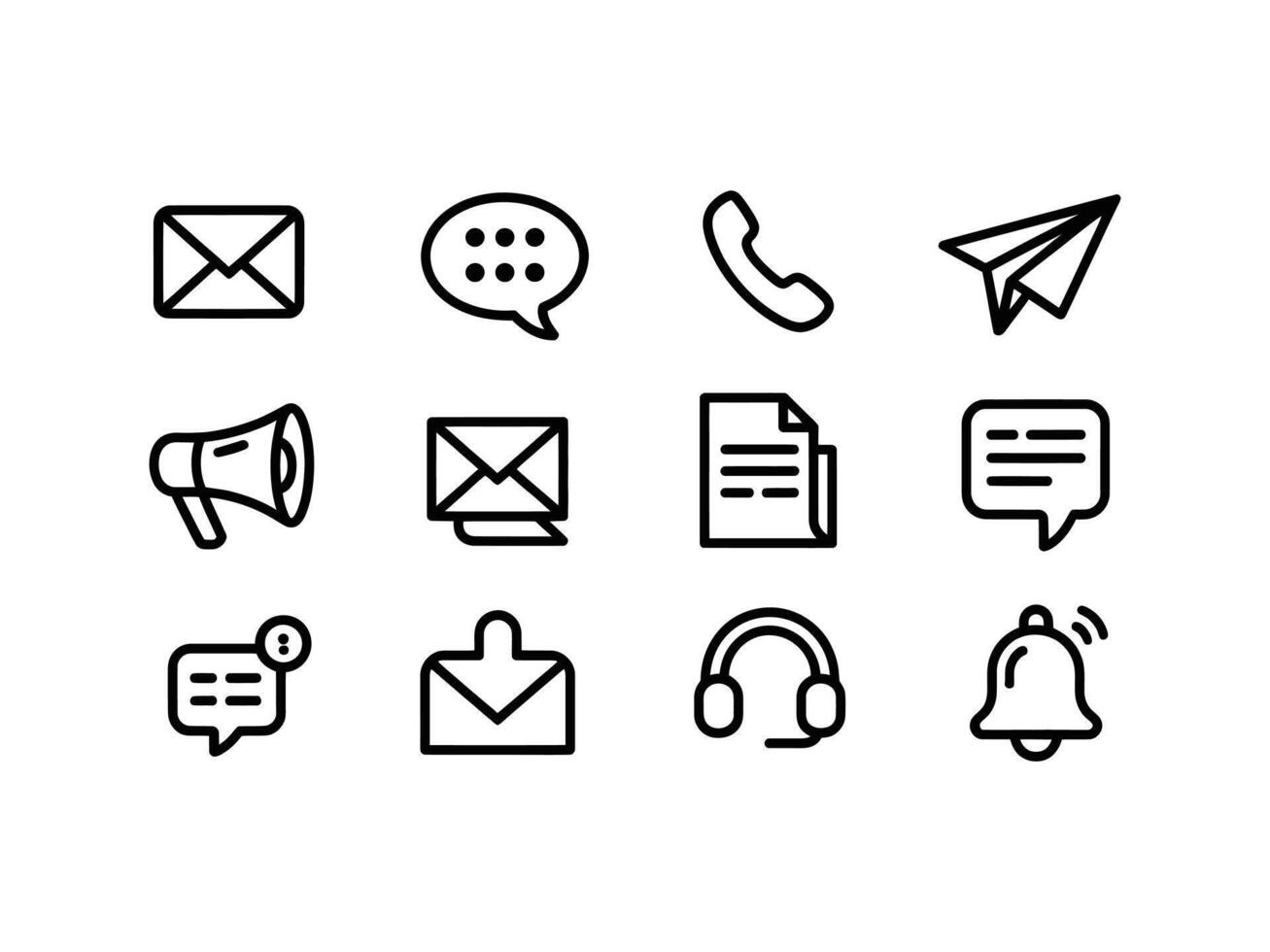 Twelve Black Outline Communication Icons Set Email Message Phone Paper Airplane Megaphone Document Chat Headset Bell Notification vector