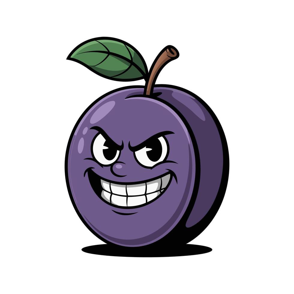 Cartoon Purple Plum Character with Mischievous Grin Green Leaf Brown Stem fruit 1 vector