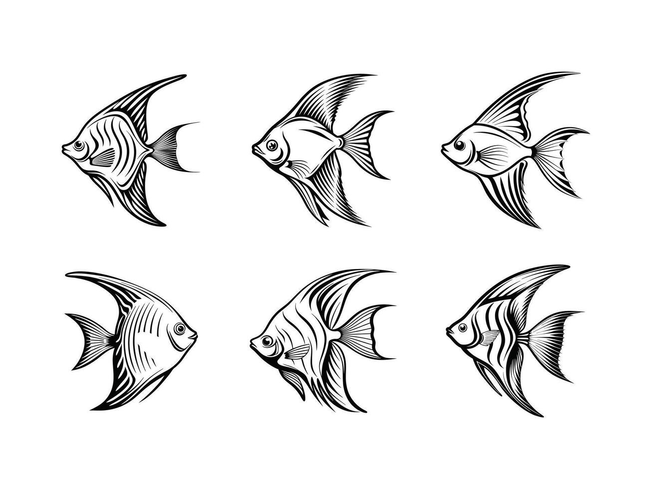 Six Black Angelfish Silhouettes Various Poses Isolated White Background Line Art Fish Designs vector