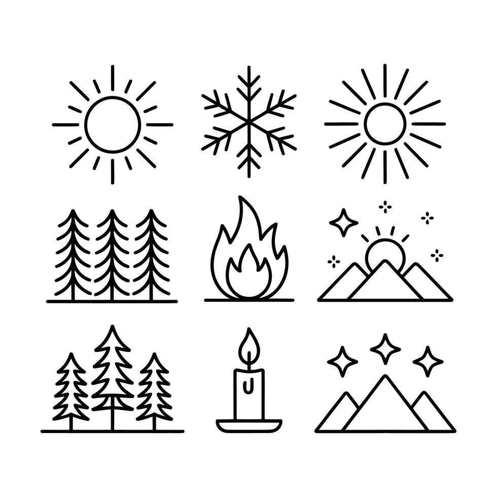 Nine Black Line Icons Set Sun Snowflake Fire Trees Mountains Candle Stars Nature Symbols vector