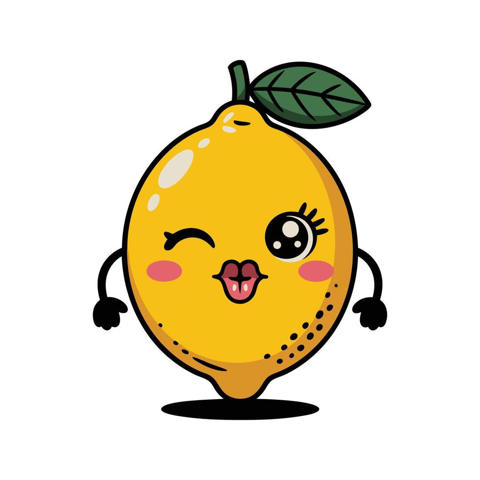 Kawaii Yellow Lemon Character Winking and Puckering Lips Cute Cartoon Illustration 1 vector