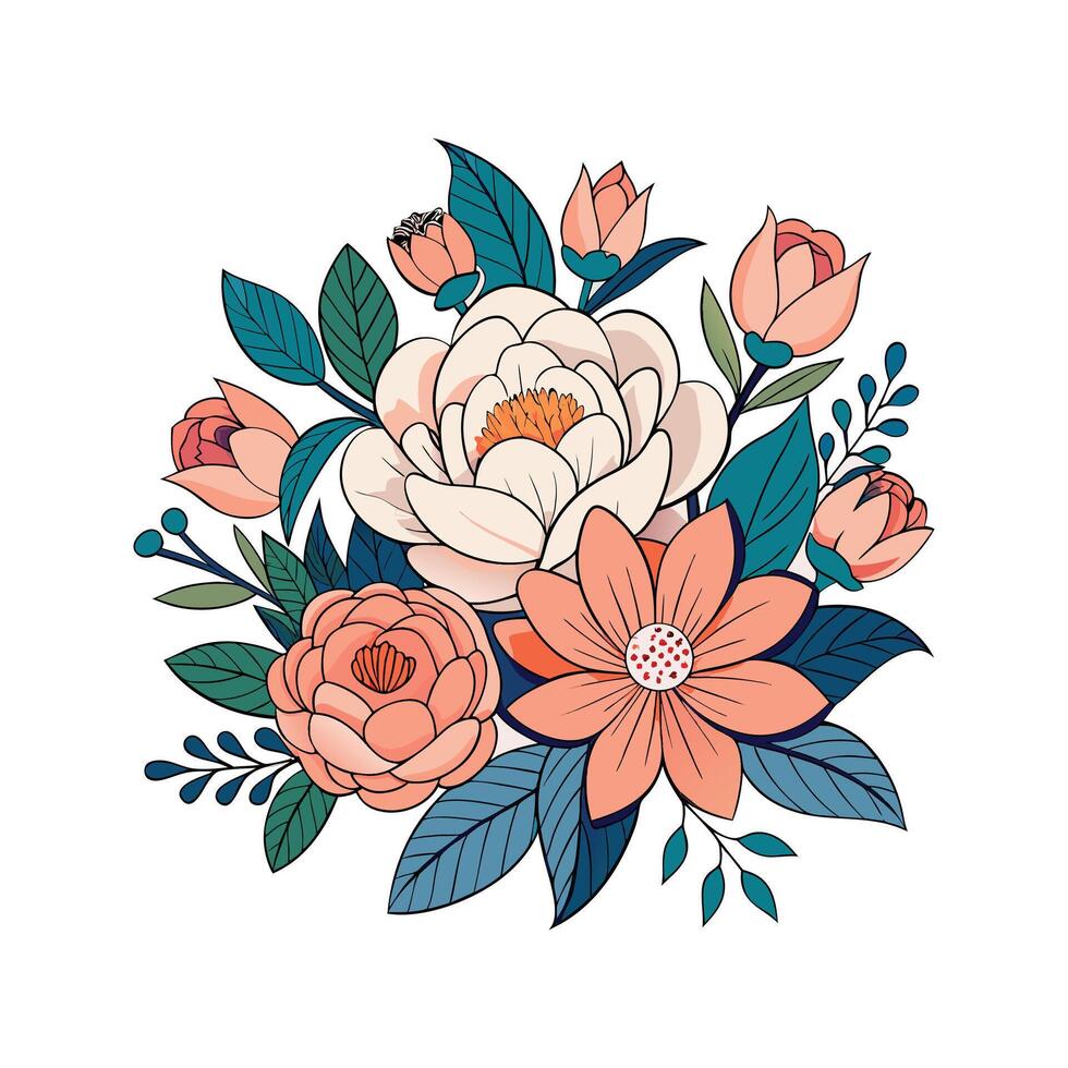 Illustration of a Magnolia Branch with Peach Coral and White Blooms Teal and Green Leaves Isolated on White vector