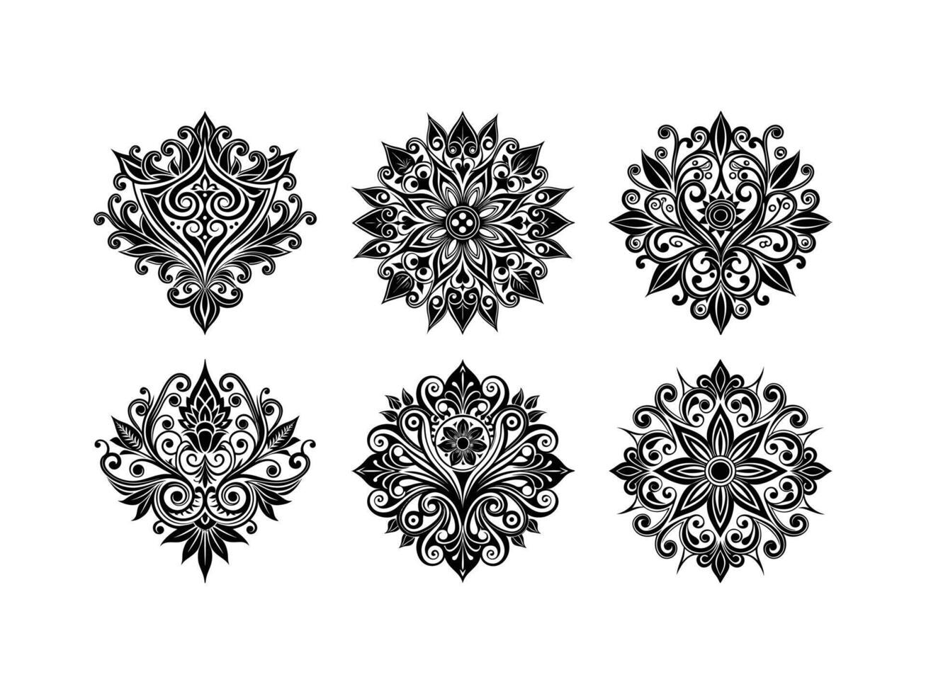 Six Black and White Floral Lace Style Design Icons Silhouette Collection Isolated on White Background Intricate Ornate Graphics vector