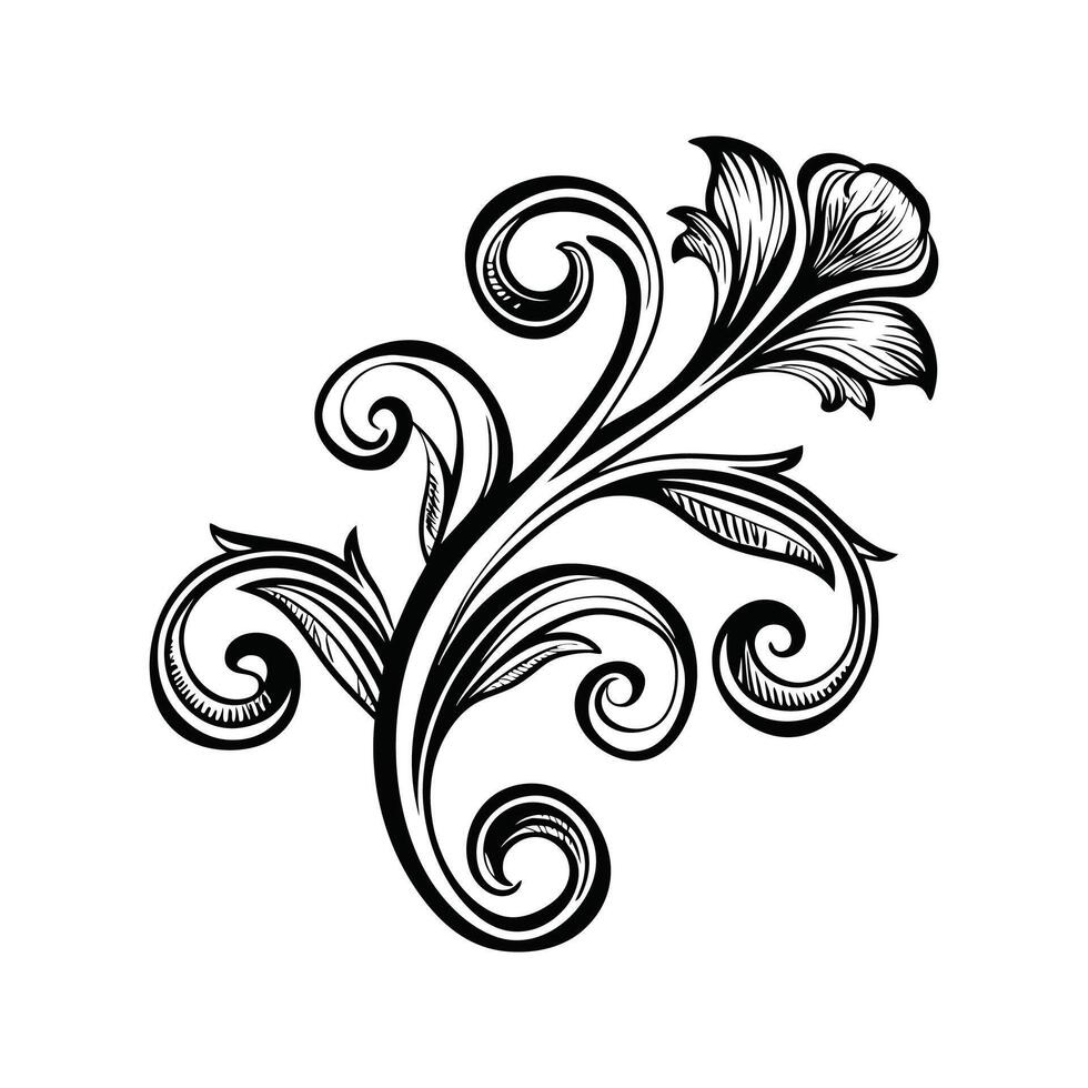 Black and White Floral Swirl Silhouette Botanical Leaf Design Element Isolated on White Background vector