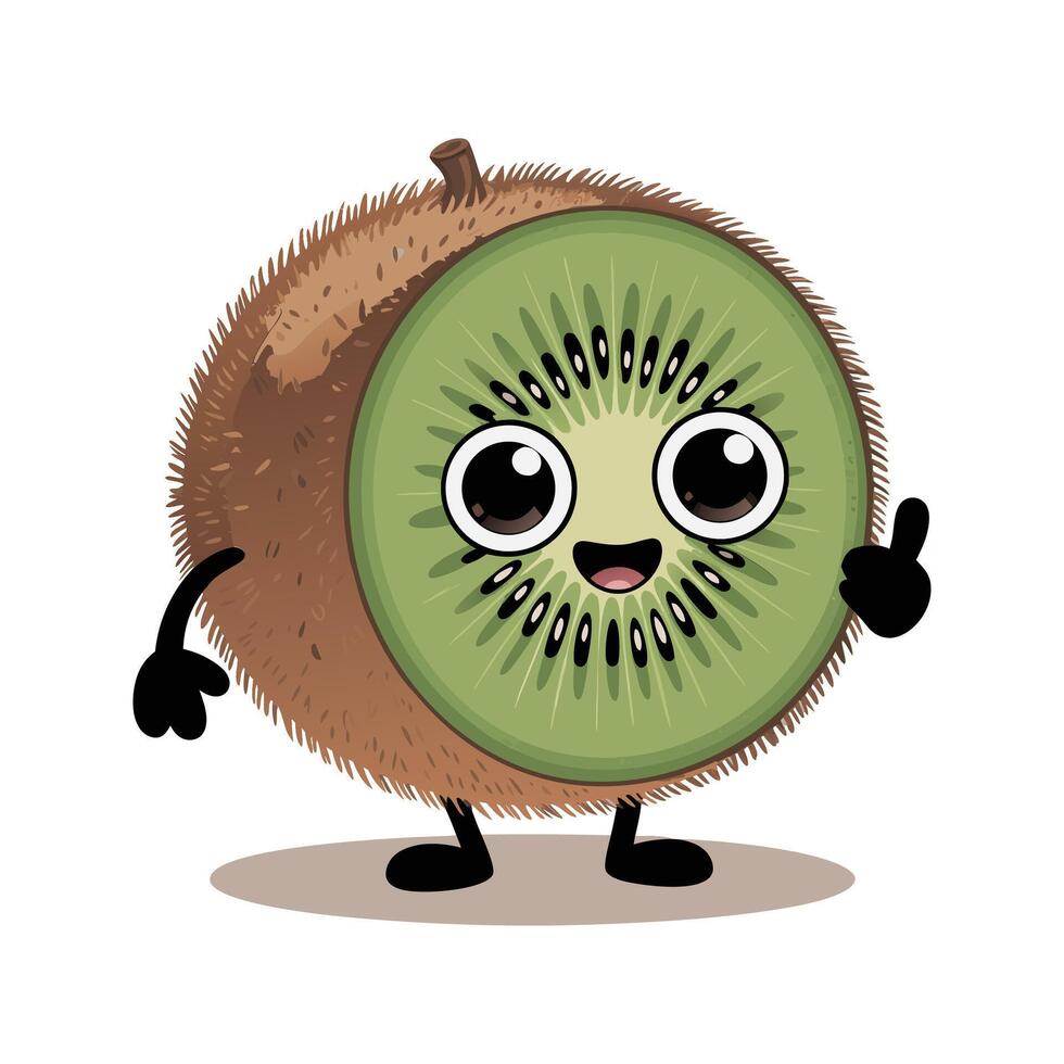 Adorable Kiwi Fruit Character Illustration Brown Fuzzy Skin Green Inside Happy Face Thumbs Up Gesture Cartoon Style 1 vector