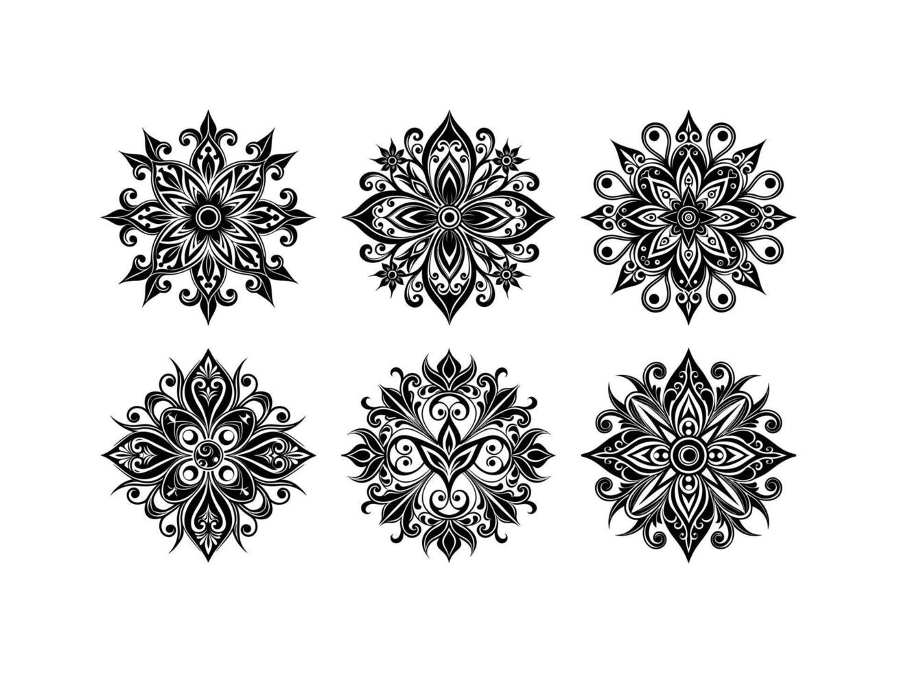 Six Black and White Floral Mandala Patterns Isolated on White Background Intricate Ornate Designs for Wellness Meditation vector