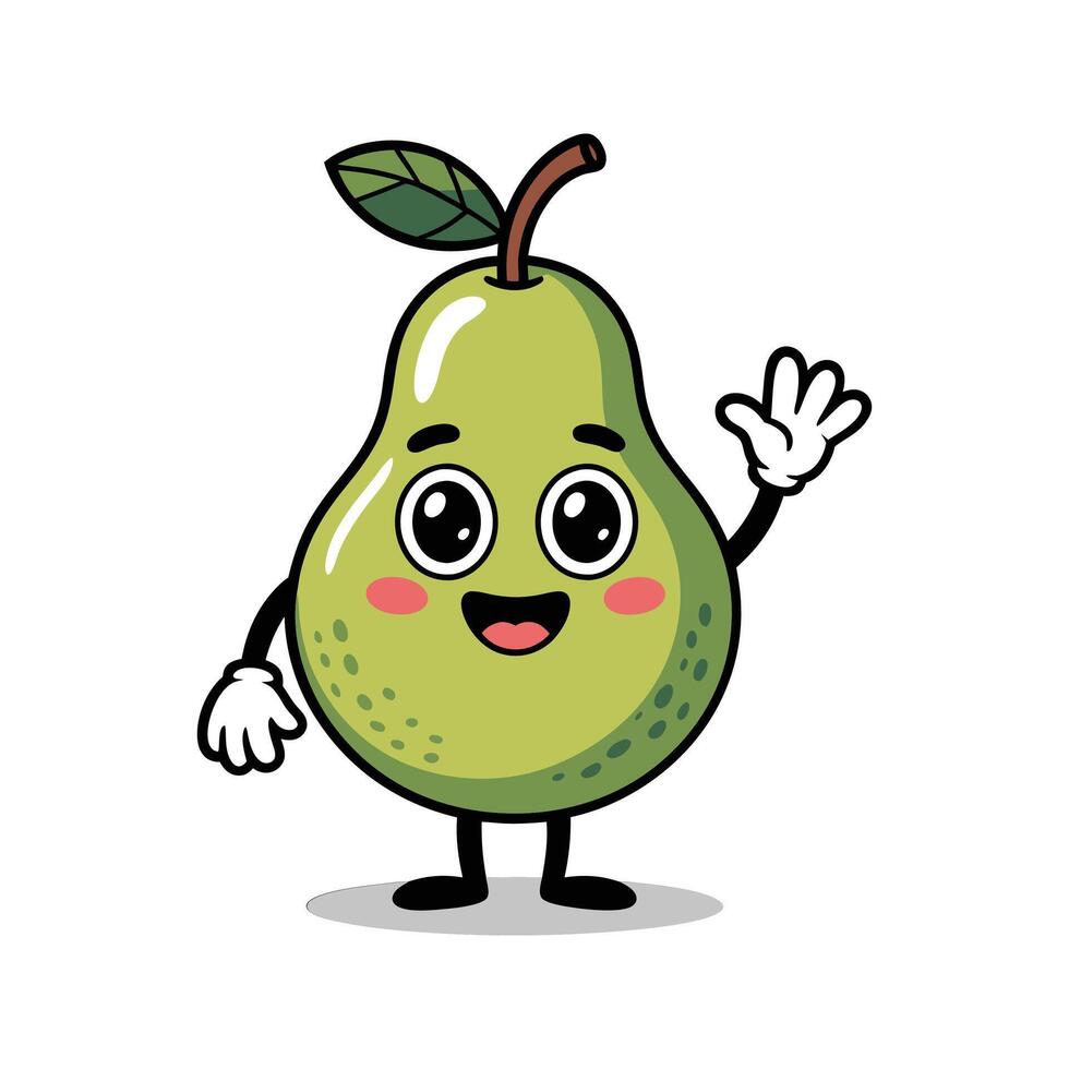 Cute Green Pear Character Cartoon Illustration Big Round Eyes Waving Happy Smiling Friendly 1 vector