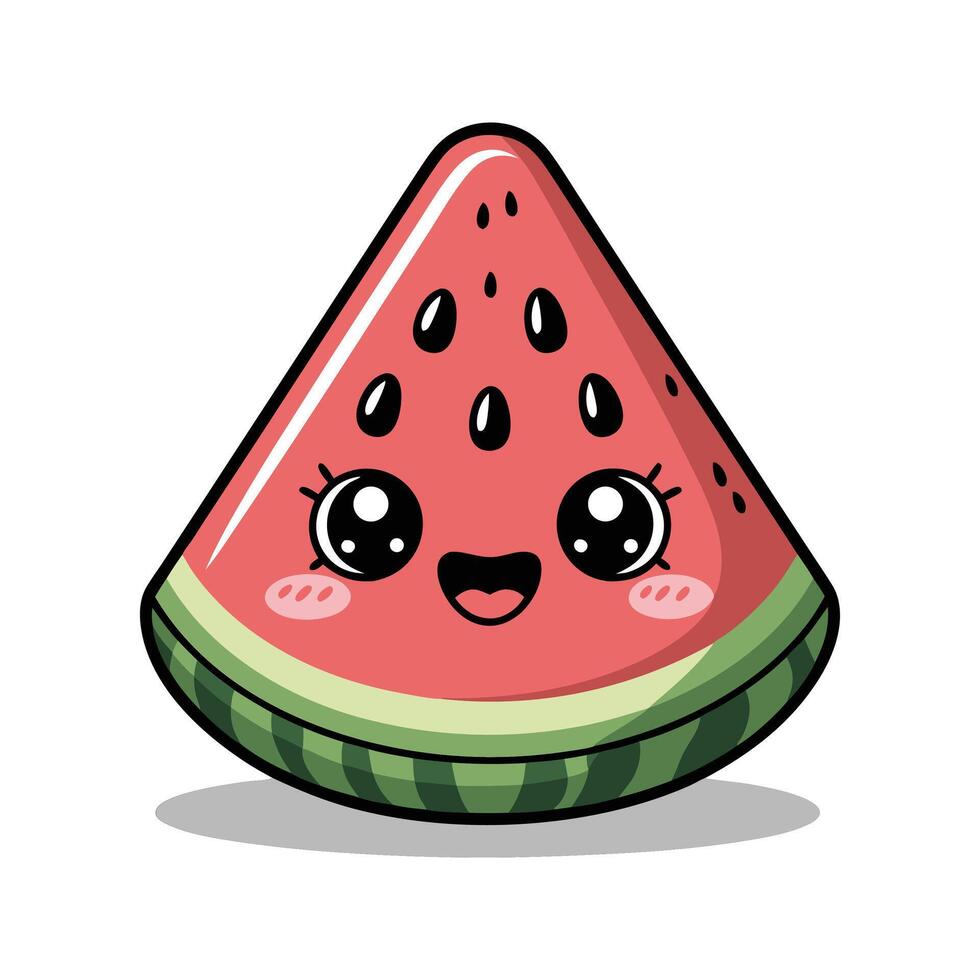 Cute Cartoon Watermelon Slice Character Happy Smiling Red Green Fruit Summer Kawaii Style Illustration vector