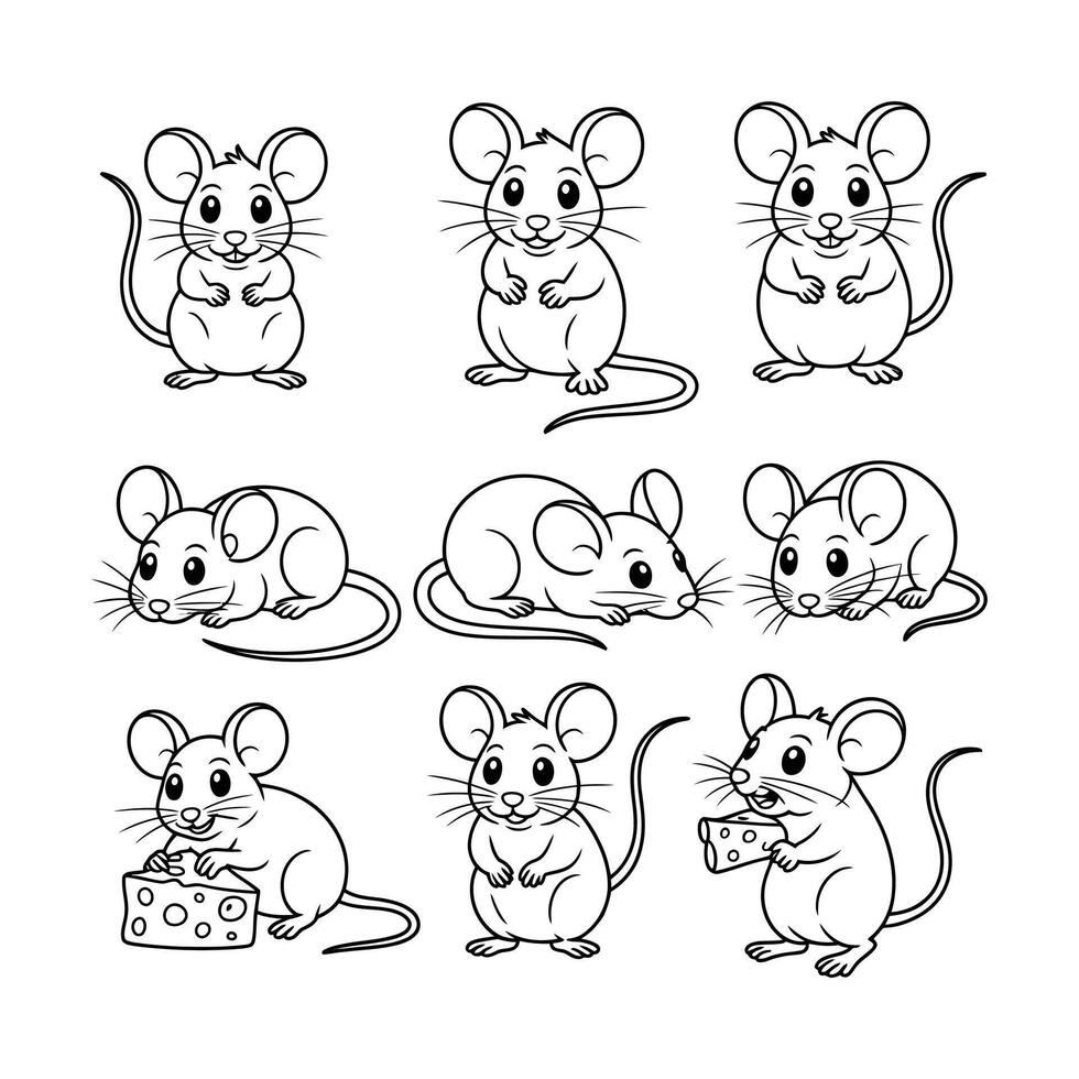 Nine Cute Cartoon Mice Illustrations Black and White Line Art Mouse Poses Sitting Standing Eating Cheese vector