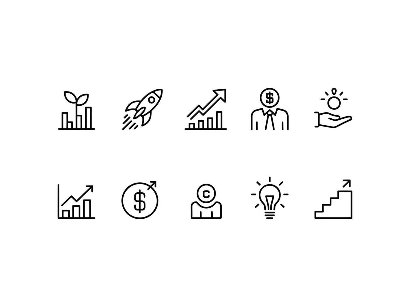 Business Growth Icons Set Startup Finance Success Money Ideas Progress Charts Graphs Rocket Plant Dollar Coin Lightbulb Stairs vector