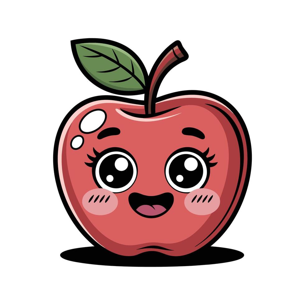 Cute Cartoon Red Apple Character with Big Eyes Smiling Green Leaf kawaii vector