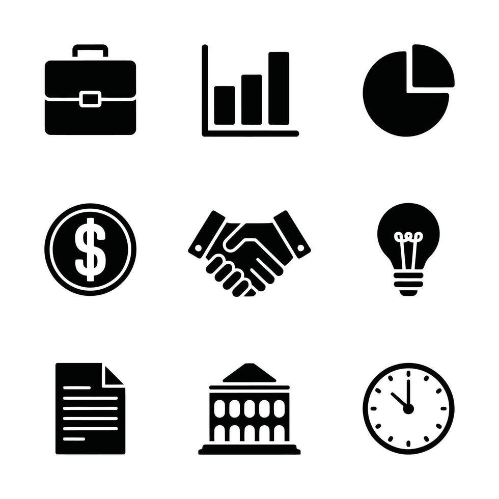 Nine Black Business Icons Set Briefcase Graph Pie Chart Dollar Handshake Lightbulb Document Building Clock vector