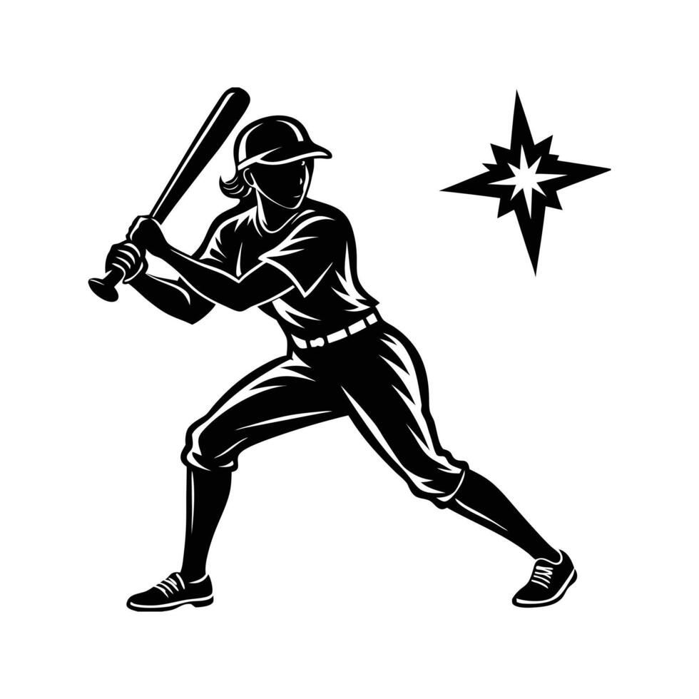 Black Silhouette Female Baseball Player Swinging Bat Dynamic Pose Isolated White Background softball vector