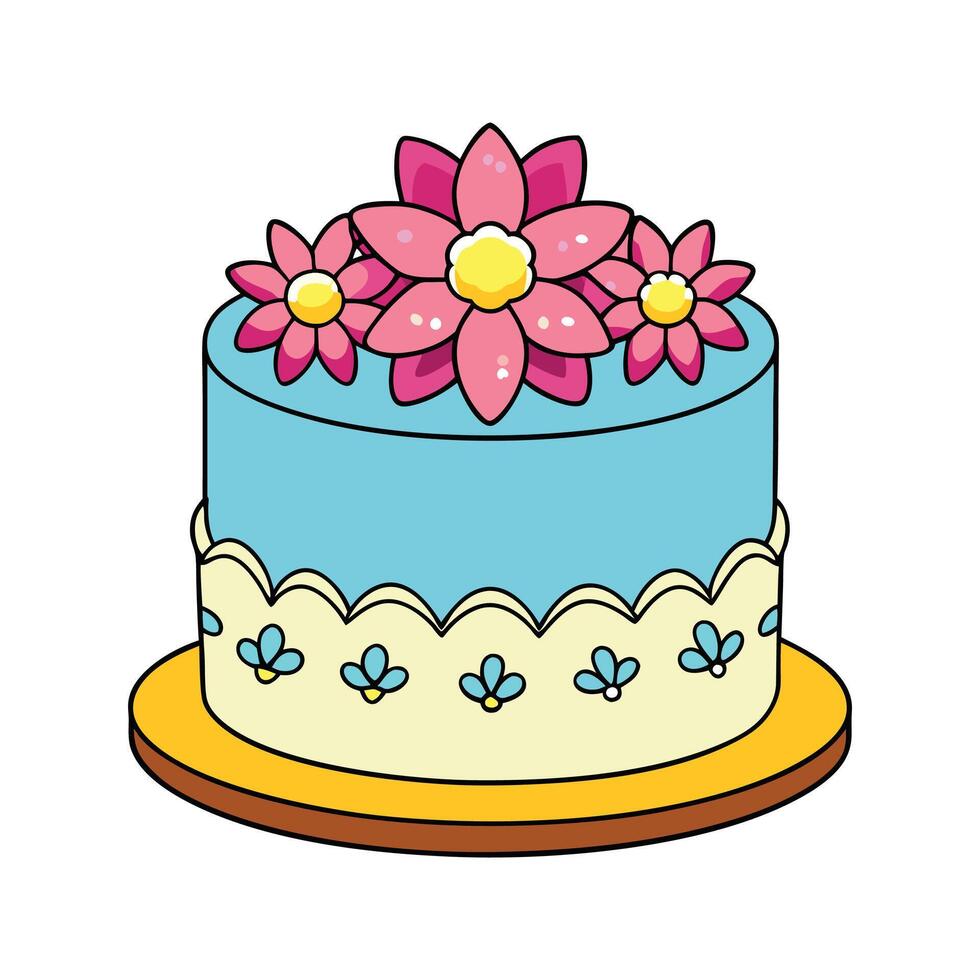Illustration of a Round Cake Decorated with Pink Flowers Blue Icing and Yellow Base vector