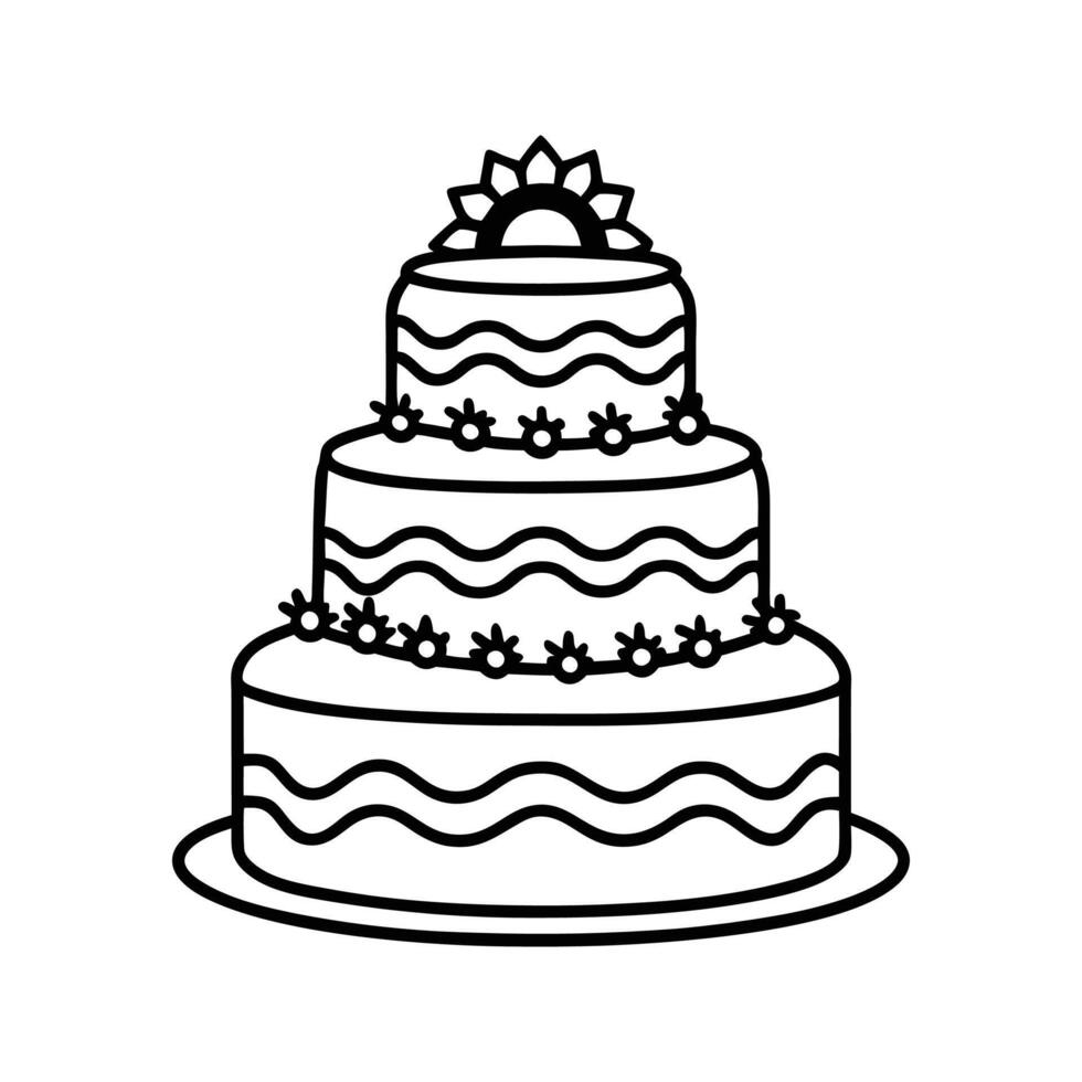 Three Tiered Wavy Cake Black Line Art Floral Decoration White Background three tiered cake layered cake vector