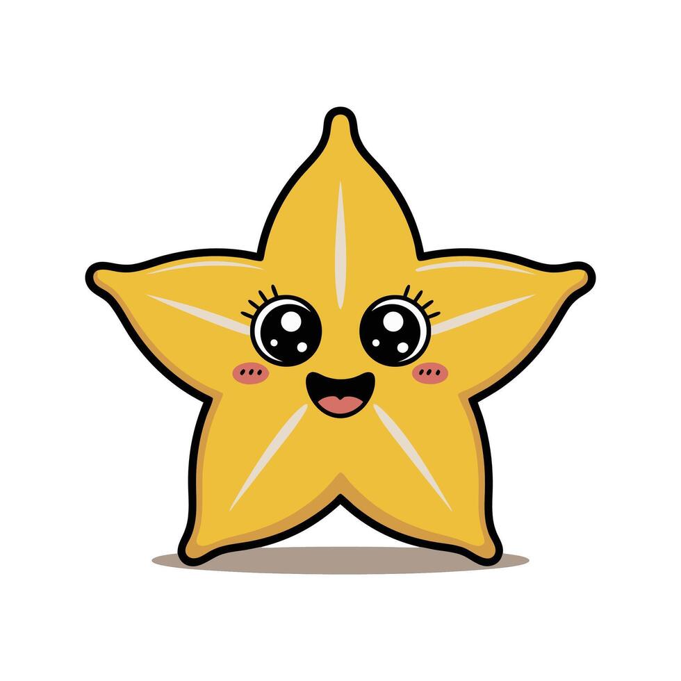 Cute Yellow Starfruit Character Cartoon Illustration Happy Smiling Face Big Eyes Kawaii Style vector