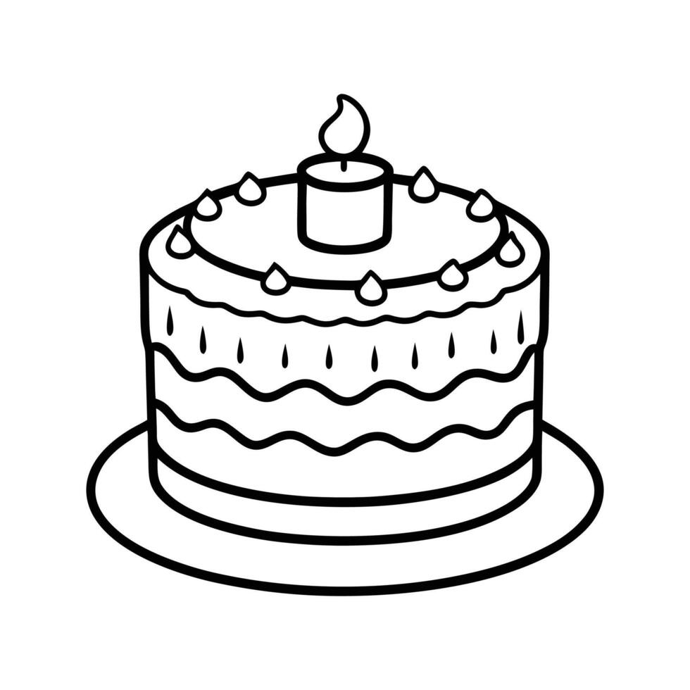 Two Layer Round Cake with Lit Candle Top Isolated White Background Simple Line Drawing Black and White Dessert Illustration vector