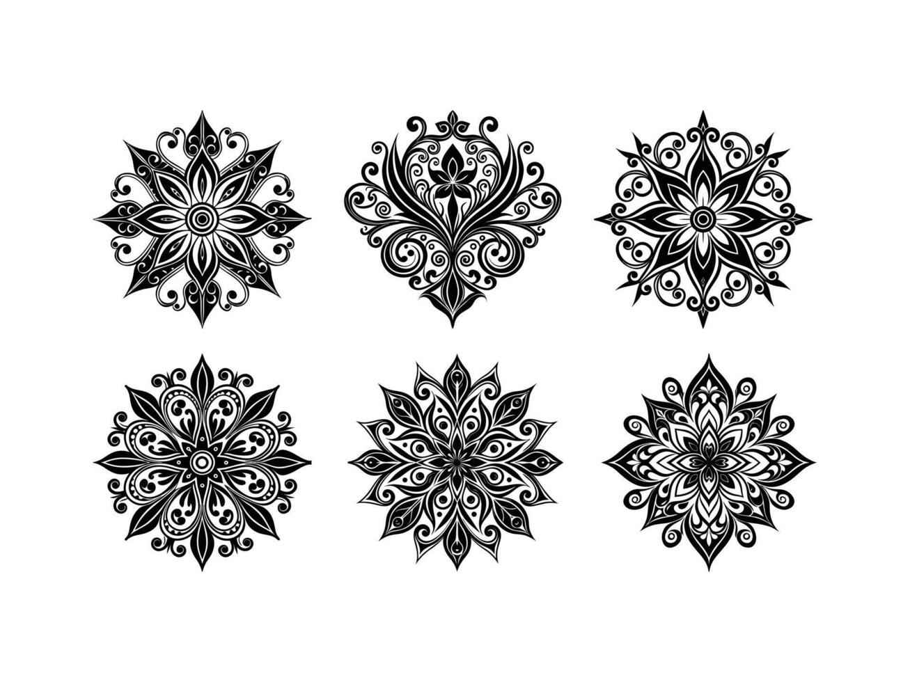 Six Black and White Ethnic Floral Mandala Icons Silhouettes Isolated on White Background Graphics vector