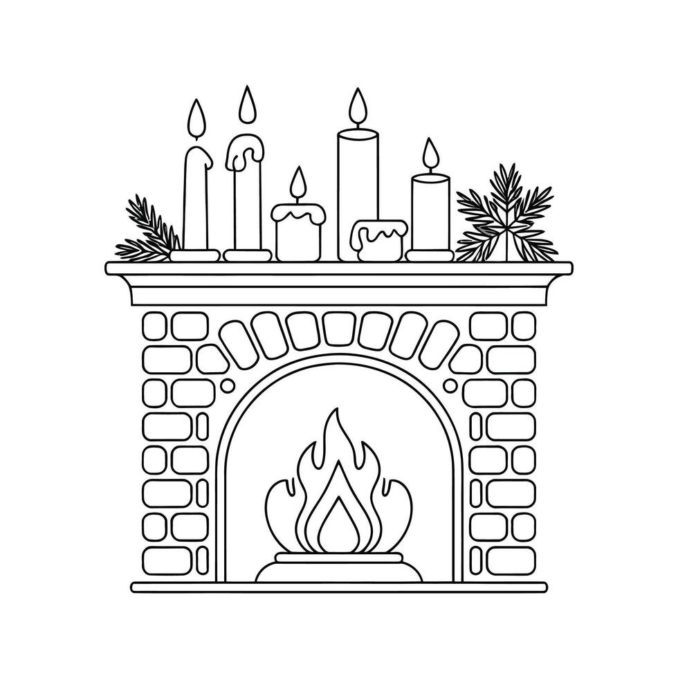 Fireplace with Burning Fire Candles and Evergreen Branches Christmas Decor Line Art Illustration vector