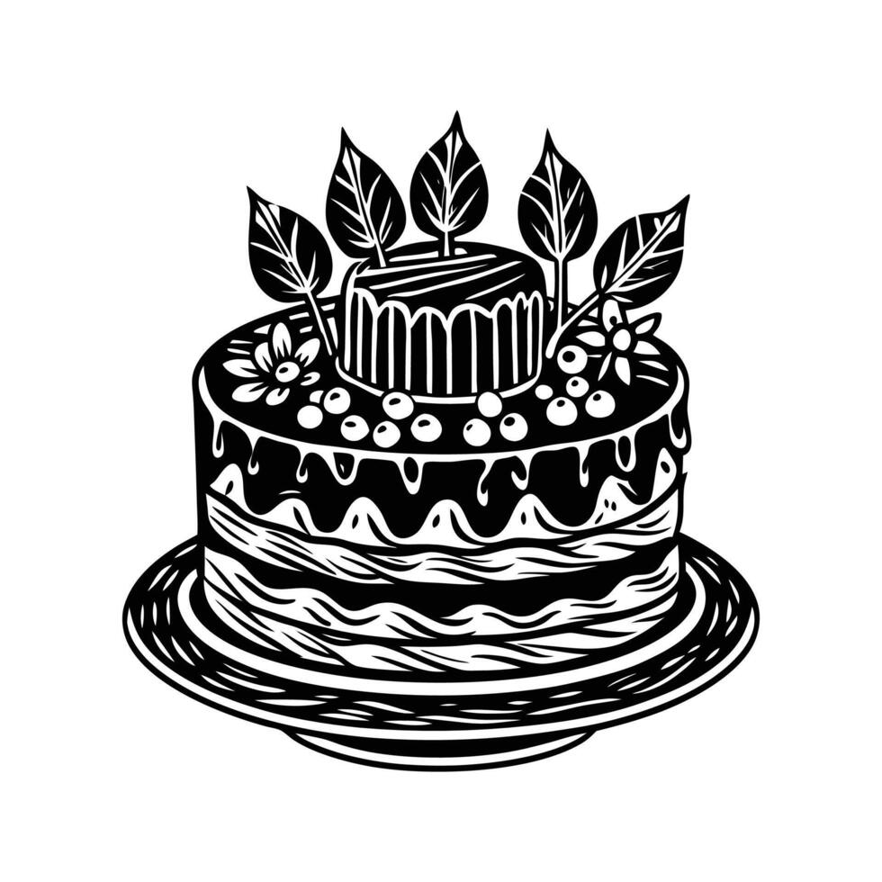 Black and White Silhouette Festive Cake Three Candles Leaf Embellishments Isolated White Background monochrome vector