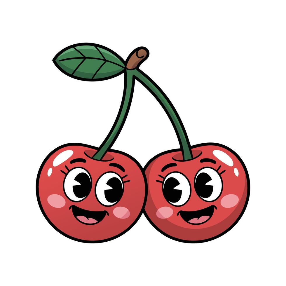 Two Happy Red Cherries Cartoon Characters Smiling Connected by Stem Green Leaf cherry illustration vector