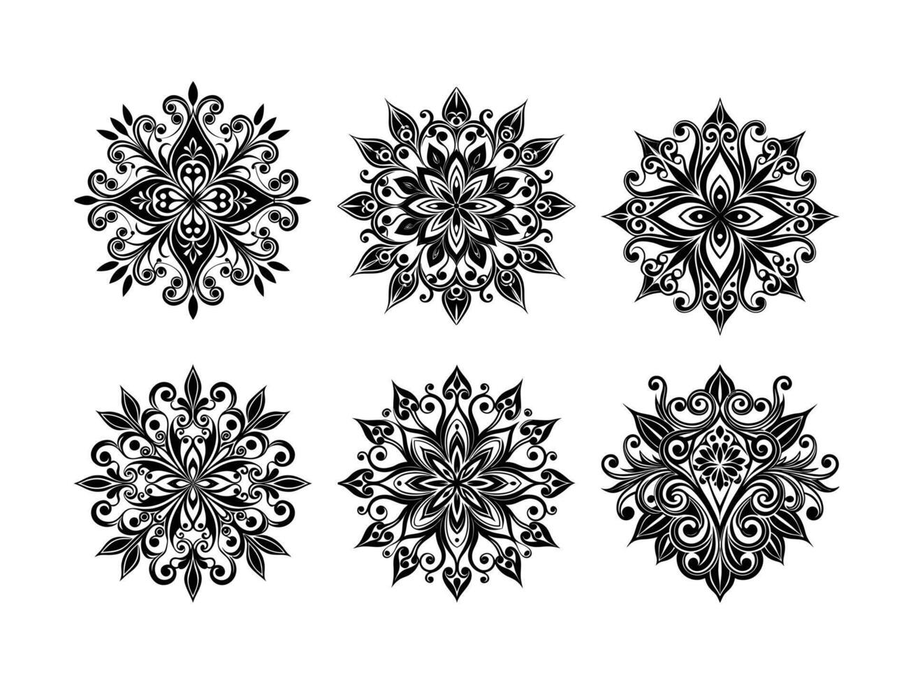 Six Black and White Folk Art Style Floral Mandalas Pack Silhouette Isolated on White Background vector