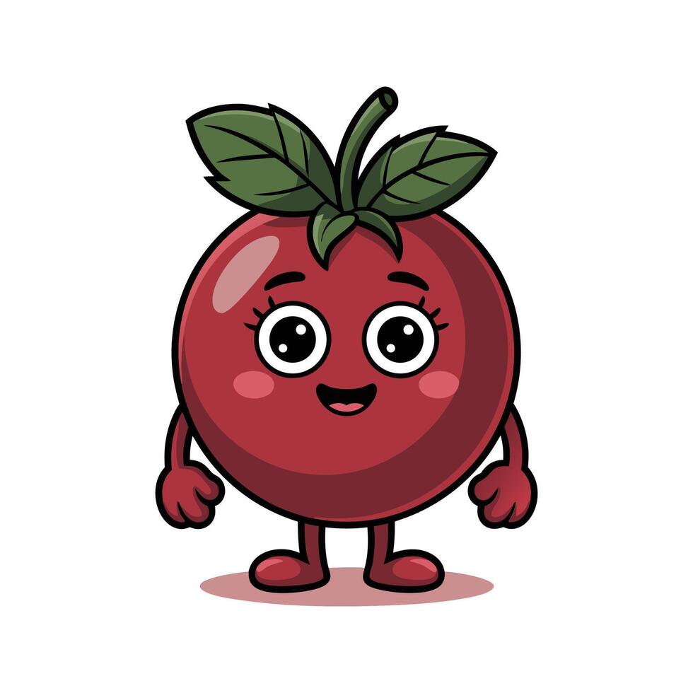 Cute Cartoon Cranberry Character with Shiny Red Body Green Leaves Happy Expression Standing on Small Brown Surface vector