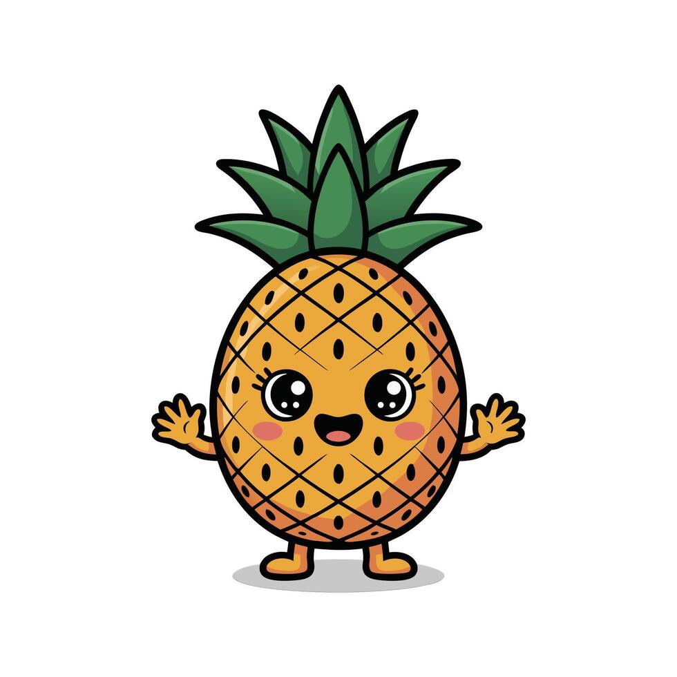 Happy Yellow Pineapple Cartoon Character with Green Spiky Leaves Waving Hands Cute Illustration vector