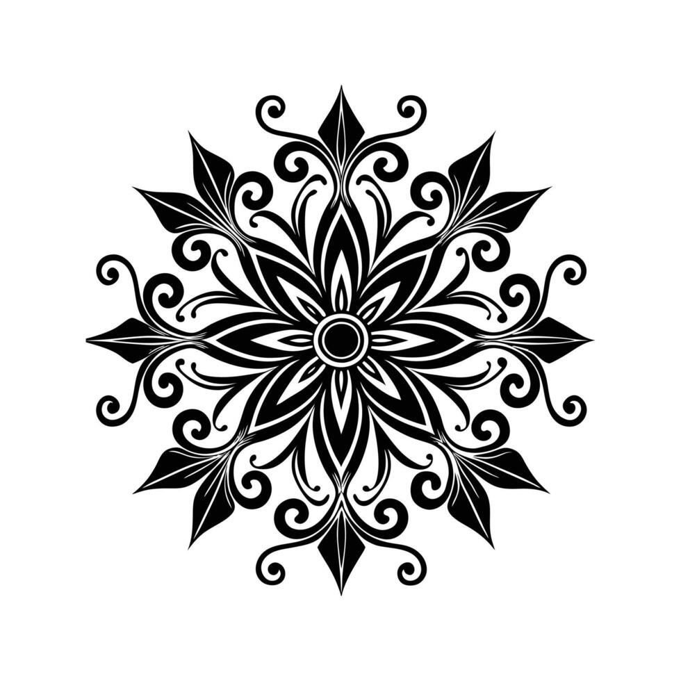 Black and White Flowing Mandala Illustration with Intricate Petals and Swirls Isolated on White Background vector
