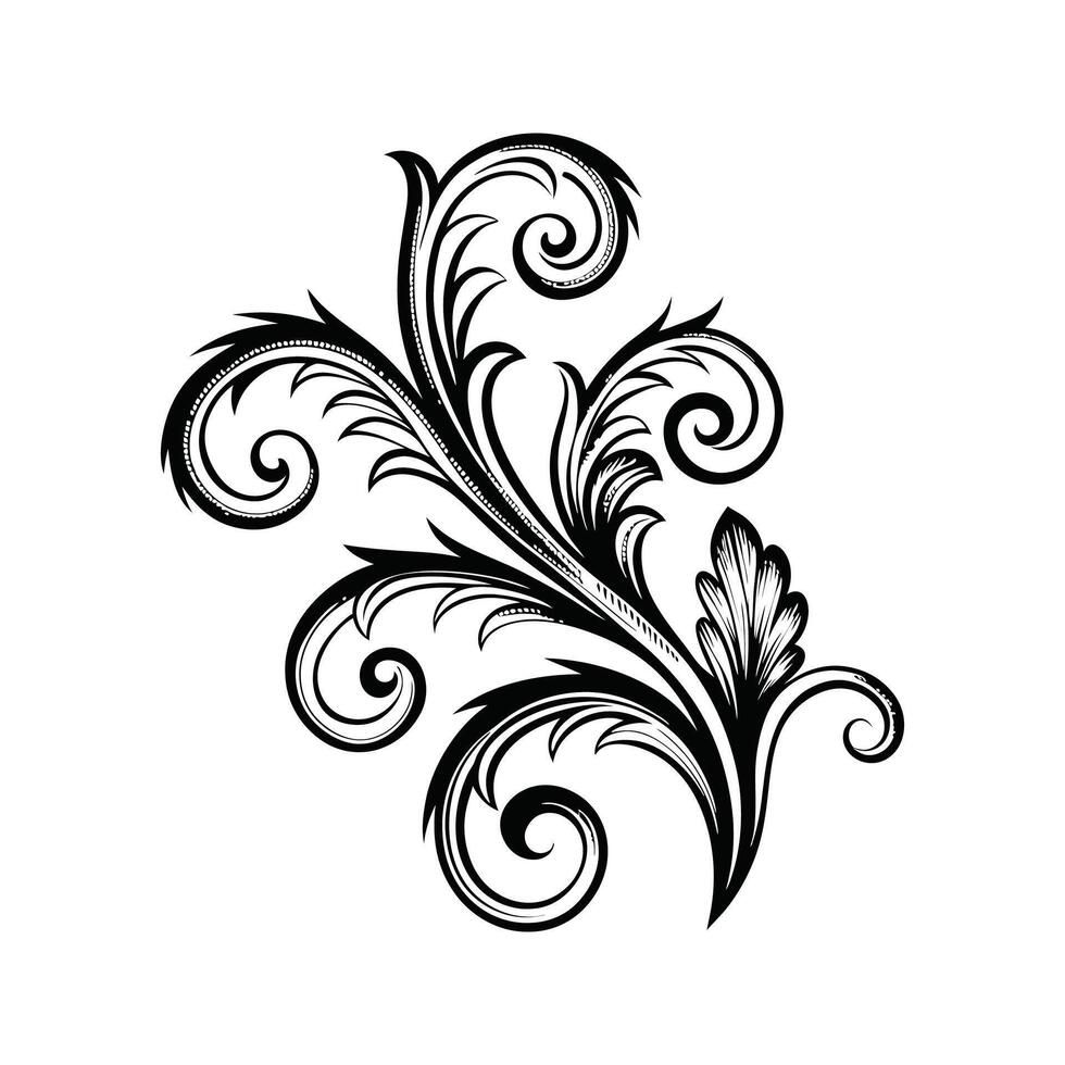 Black and White Floral Vine Ornament Silhouette Isolated on White Background Intricate Swirls and Leaves Design Element vector