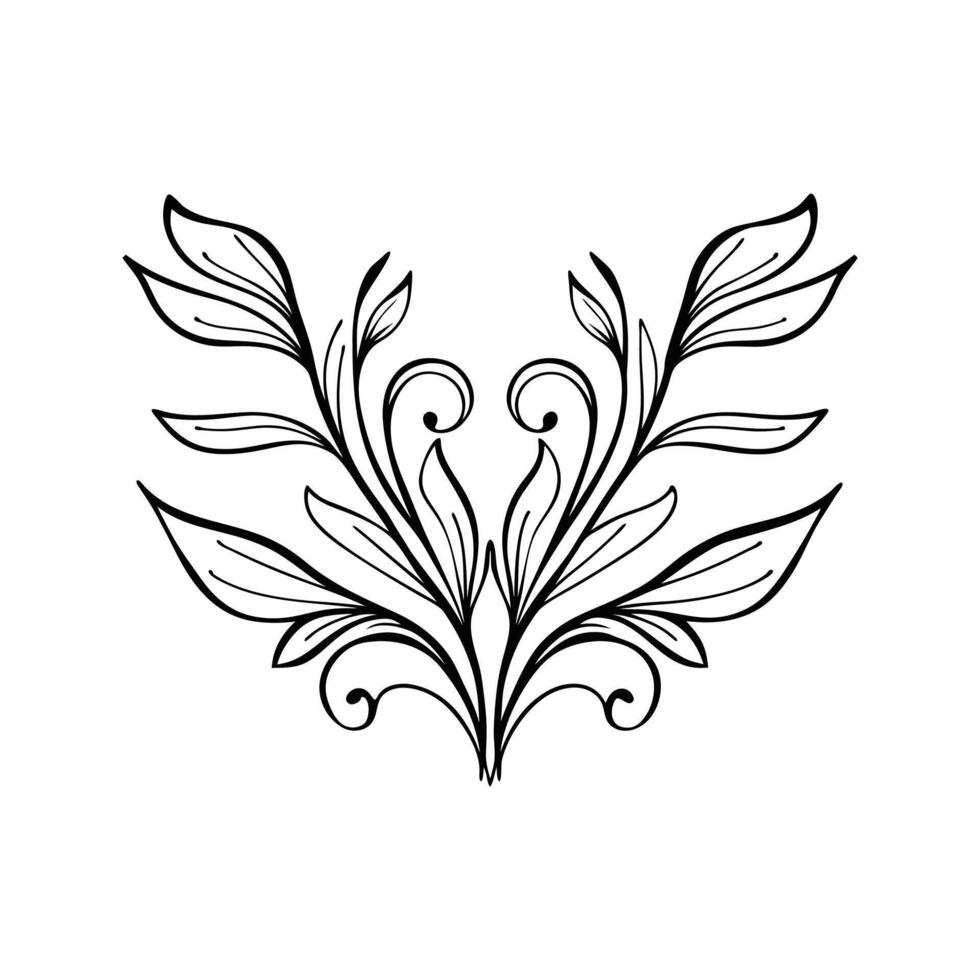 Black and White Symmetrical Floral Silhouette Swirl Leaves Botanical Illustration Design Element vector