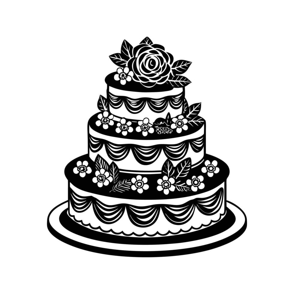 Black and White Silhouette Three Tiered Floral Wedding Cake Isolated on White Background three tiered cake vector