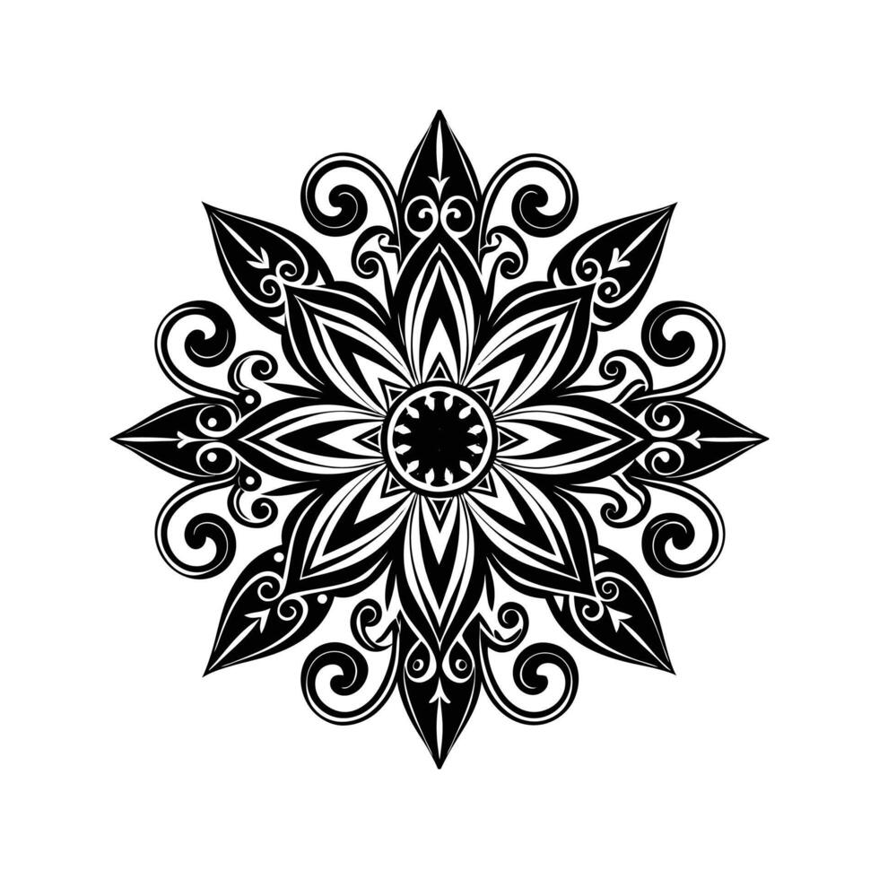 Black and White Swirling Flower Mandala Graphic Isolated on White Background Intricate Floral Design Element vector