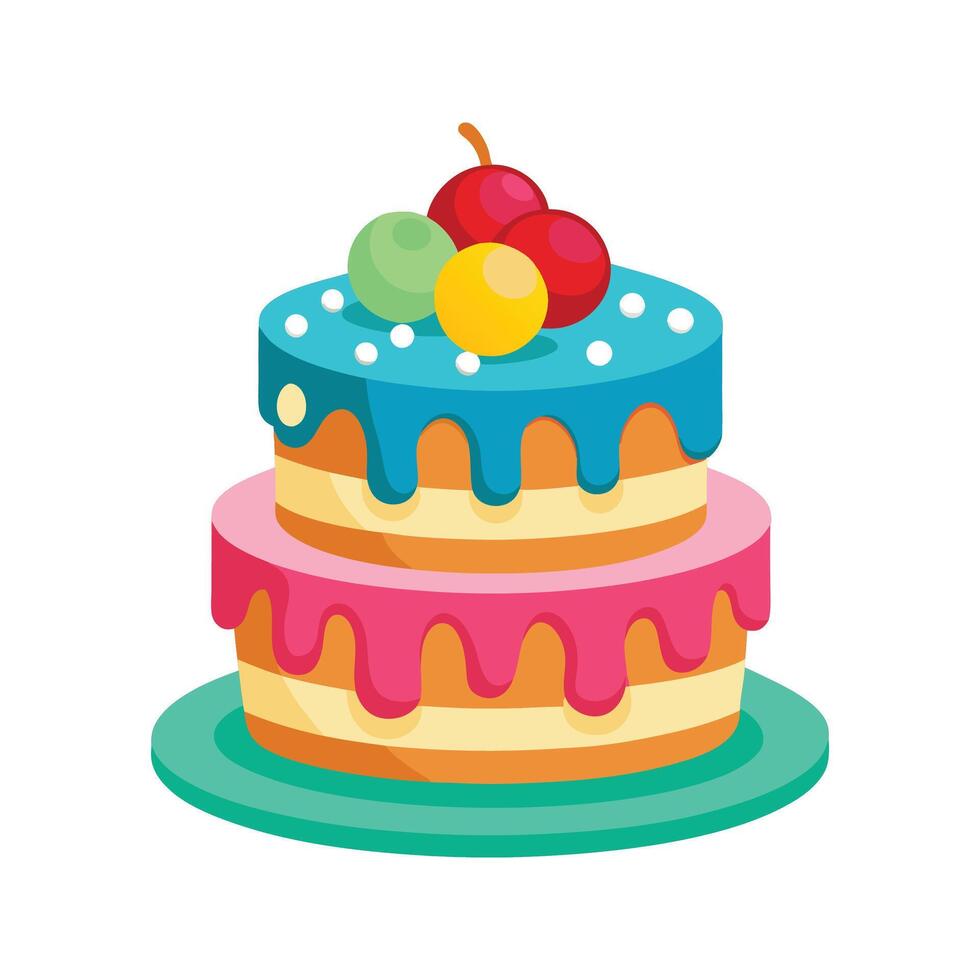 Two Layer Cake Illustration Teal Pink Icing Colorful Fruit Topping Sweet Treat Birthday Dessert vector