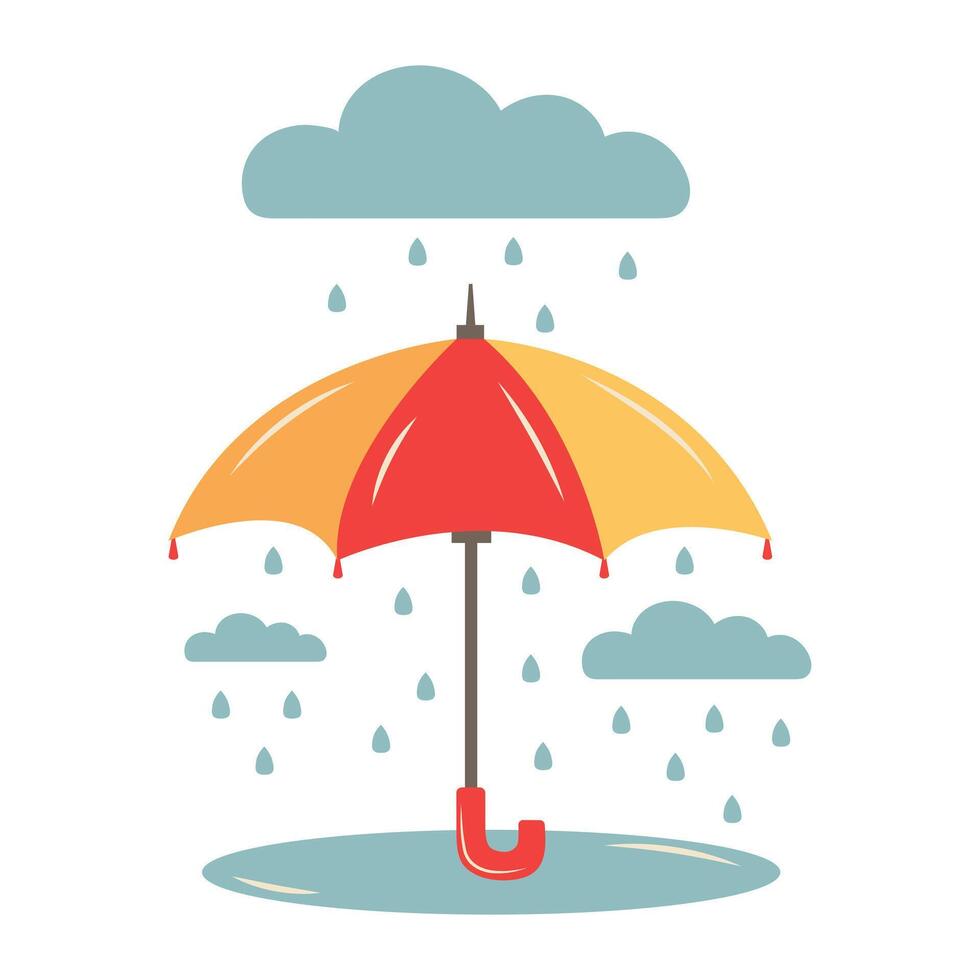 Multi-colored umbrella, clouds with rain and a puddle. illustration isolated on white background vector
