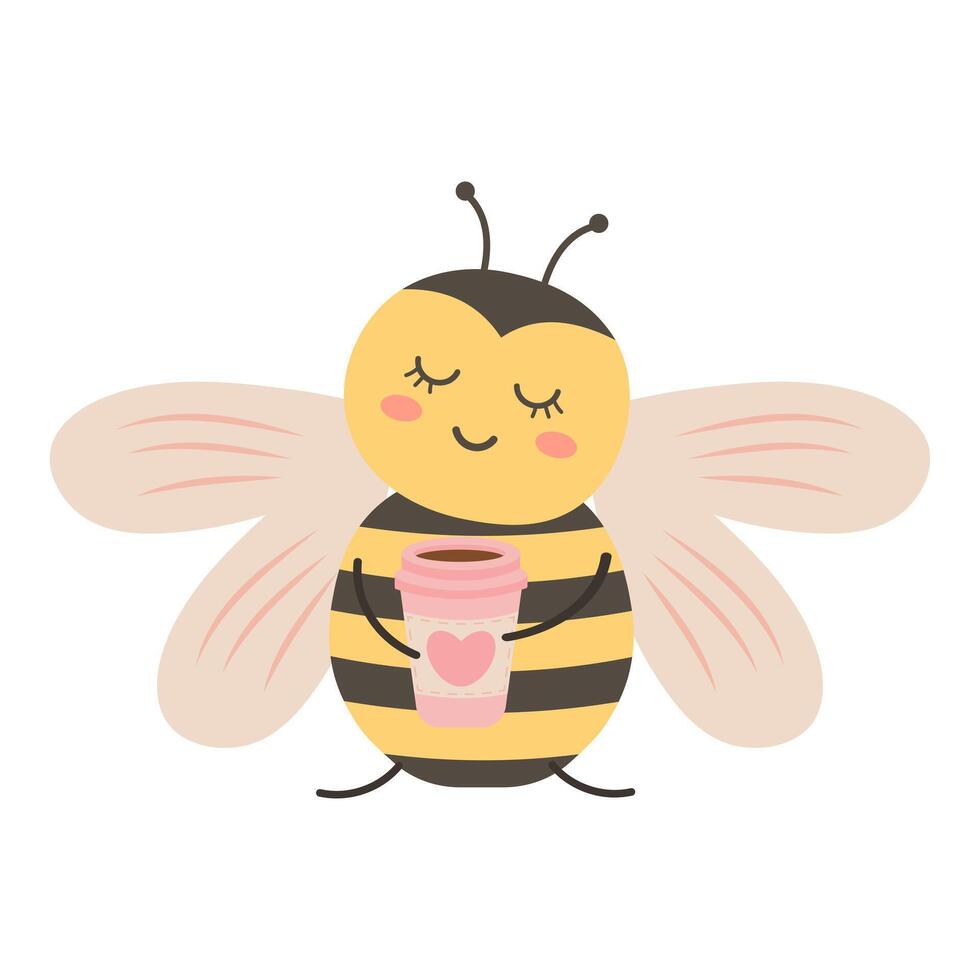 Cute bee with a cup of coffee with heart. illustration isolated on white background vector