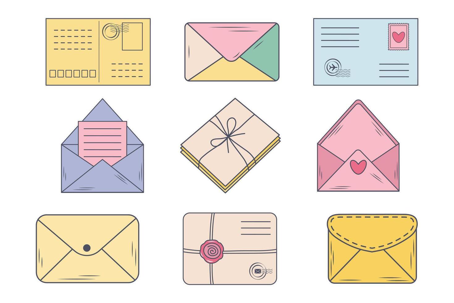 Set of mail envelopes and letters. doodle illustration vector